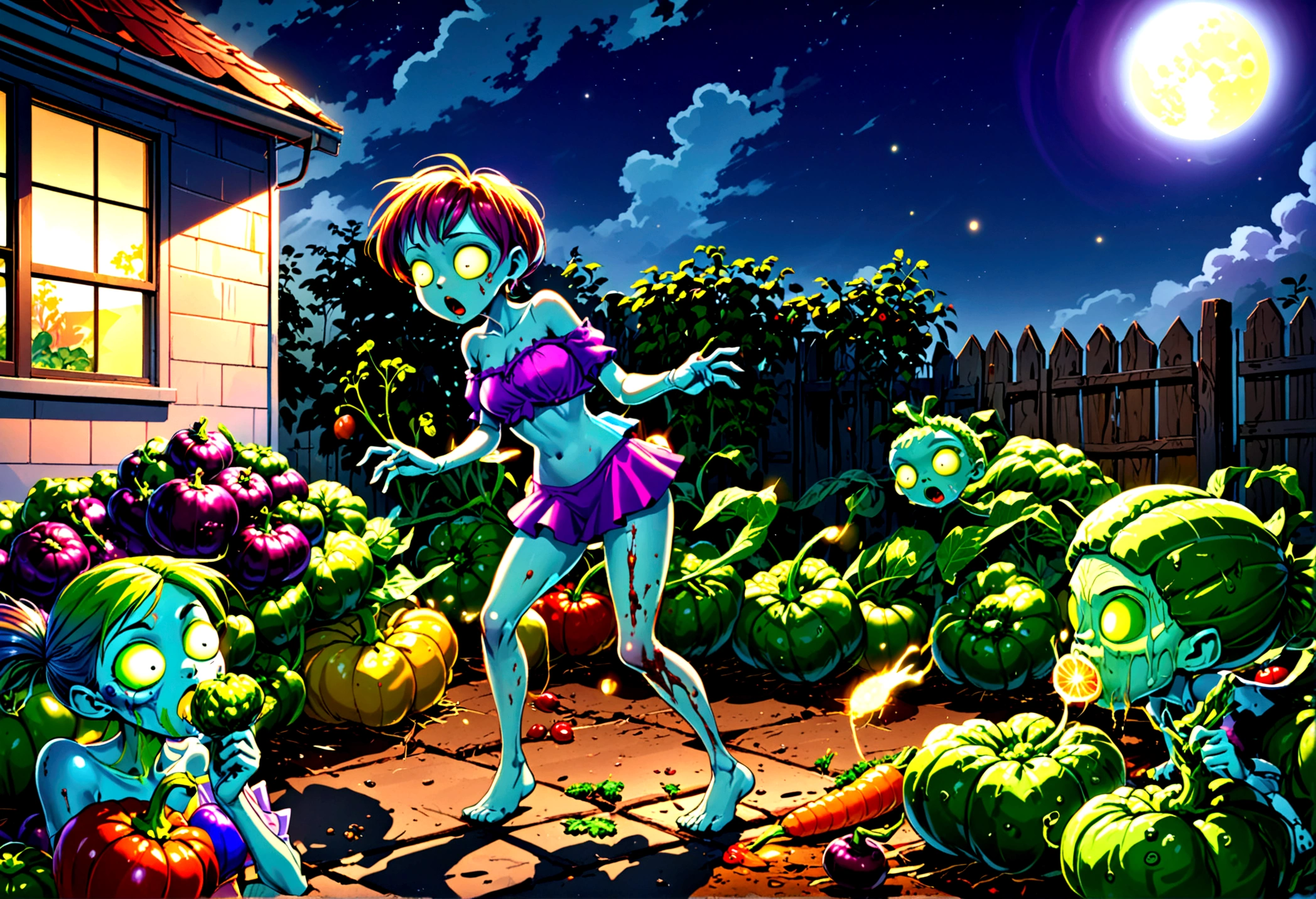 Cartoonish, (Humanoid vegetables) emerge from the garden to do battle with (shambling, half rotten human zombies), moonlit backyard
