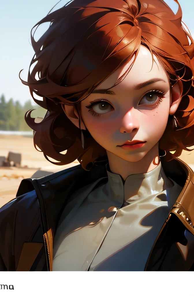 Highest quality、Ultra-realistic, 4K, Professional portrait, Science fiction、My name is Erna Ginger、19-year-old female, Tea-colored hair,Curly hair、High resolution, A rare beauty、Detailed face, tea-colored eyes、Droopy eyes,Walking alone in the wilderness、Dirty with sand and dust after a long journey、 masterpiece, Realistic Background, Realistic photos
