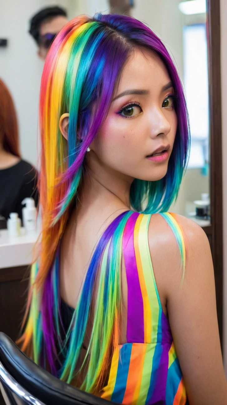 a young indonesian woman, sleek and straight hair, at the hair salon. she have a layered haircut, bright rainbow hair with bright yellow, shocking pink, electric blue, neon green, vibrant purple, bright silver, bright orange, and flaming red haircolor. she wears a colorful dress, matched her haircolor. she has a confused expression on her face for her new hair. view from her back, as she look in a mirror.