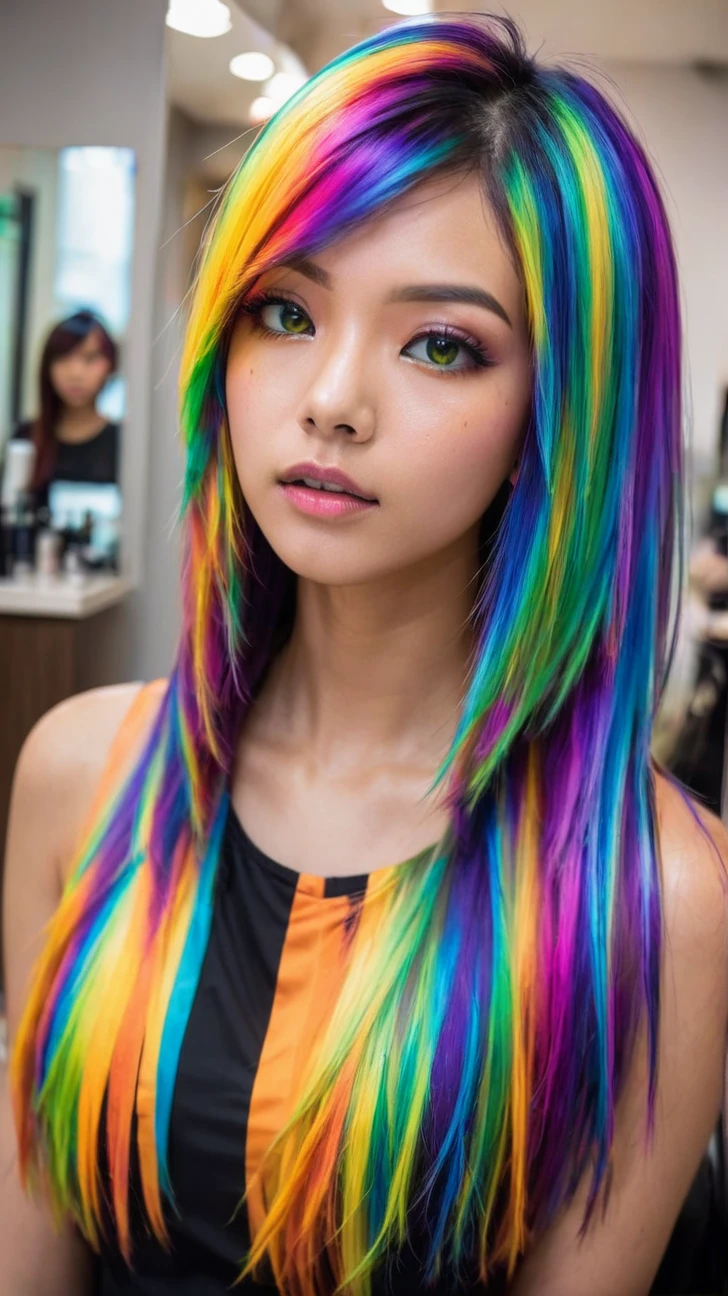 a young indonesian woman, sleek and straight hair, at the hair salon. she have a layered haircut, bright rainbow hair with bright yellow, shocking pink, electric blue, neon green, vibrant purple, bright silver, bright orange, and flaming red haircolor. she wears a colorful dress, matched her haircolor. she has a confused expression on her face for her new hair. view from her back, as she look in a mirror.