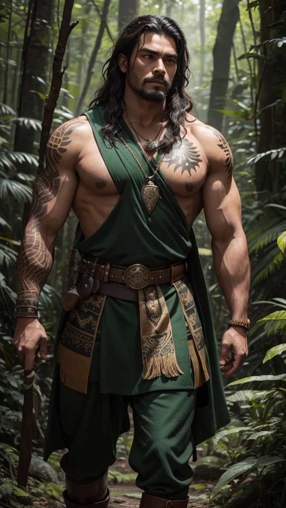 Pujiyanto, the Guardian of the Sacred Grove, is a figure of rugged strength and gentle grace. His dark, thick hair falls to his shoulders in untamed waves, and his rich emerald green eyes sparkle with the wisdom and vitality of the forest. His sun-kissed, earthy-toned skin speaks of countless days spent under the canopy of leaves, and his muscular build is honed by years of physical labor and combat training, yet he moves fluidly and quietly, like a predator in its natural habitat. He wears garments woven from sacred plant fibers, dyed in deep greens and browns, and a cloak made from the leaves of the oldest tree in the grove, offering both camouflage and protection. Tribal tattoos adorn his arms and neck, each symbol telling a story of his ancestors and their bond with the forest. He carries a staff carved from an ancient oak, imbued with magical properties, and a belt adorned with pouches of herbs and potions, embodying his role as a protector and healer. By his side, an otter, his faithful familiar, symbolizes his deep connection to nature and serves as both companion and guardian.