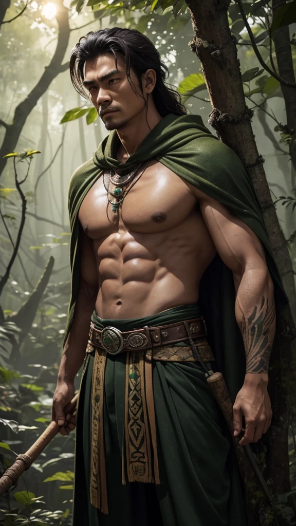 Pujiyanto, the Guardian of the Sacred Grove, is a figure of rugged strength and gentle grace. His dark, thick hair falls to his shoulders in untamed waves, and his rich emerald green eyes sparkle with the wisdom and vitality of the forest. His sun-kissed, earthy-toned skin speaks of countless days spent under the canopy of leaves, and his muscular build is honed by years of physical labor and combat training, yet he moves fluidly and quietly, like a predator in its natural habitat. He wears garments woven from sacred plant fibers, dyed in deep greens and browns, and a cloak made from the leaves of the oldest tree in the grove, offering both camouflage and protection. Tribal tattoos adorn his arms and neck, each symbol telling a story of his ancestors and their bond with the forest. He carries a staff carved from an ancient oak, imbued with magical properties, and a belt adorned with pouches of herbs and potions, embodying his role as a protector and healer. By his side, an otter, his faithful familiar, symbolizes his deep connection to nature and serves as both companion and guardian.