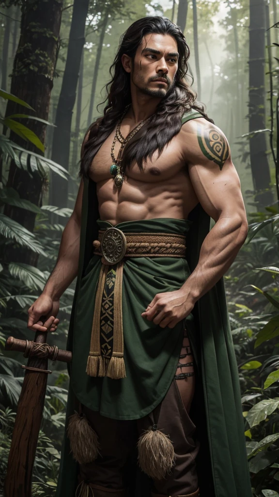 Pujiyanto, the Guardian of the Sacred Grove, is a figure of rugged strength and gentle grace. His dark, thick hair falls to his shoulders in untamed waves, and his rich emerald green eyes sparkle with the wisdom and vitality of the forest. His sun-kissed, earthy-toned skin speaks of countless days spent under the canopy of leaves, and his muscular build is honed by years of physical labor and combat training, yet he moves fluidly and quietly, like a predator in its natural habitat. He wears garments woven from sacred plant fibers, dyed in deep greens and browns, and a cloak made from the leaves of the oldest tree in the grove, offering both camouflage and protection. Tribal tattoos adorn his arms and neck, each symbol telling a story of his ancestors and their bond with the forest. He carries a staff carved from an ancient oak, imbued with magical properties, and a belt adorned with pouches of herbs and potions, embodying his role as a protector and healer. By his side, an otter, his faithful familiar, symbolizes his deep connection to nature and serves as both companion and guardian.