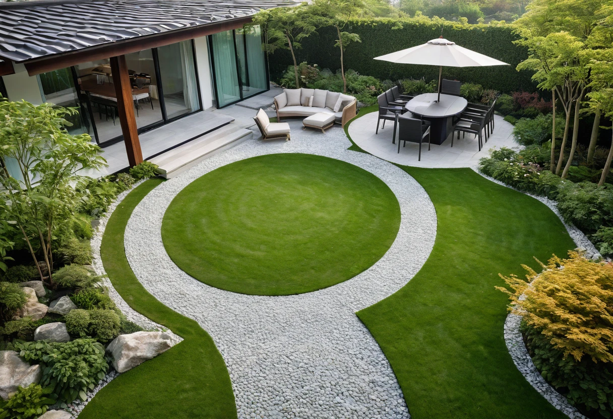 An aerial view of a beautifully designed modern European garden with a hint of Asian influence, featuring a sleek gazebo with a contemporary roof design, surrounded by lush green lawns, small grassy hills, and vibrant flowers. Shot with a high-quality DSLR camera, the smooth stone pathway winds through the garden, leading to a spacious BBQ area with a stylish grill and modern outdoor dining furniture. The pathway also leads to a sleek, modern gazebo with minimalist chairs and a table. The garden includes multiple grassy areas, small mounds forming gentle hills, a serene pond with a waterfall cascading over a hòn non bộ rock formation, and small clear ponds, incorporating Asian-inspired plants that add tranquility to the setting. Soft, ambient lighting enhances the cozy atmosphere. Shallow depth of field, focused foreground, bokeh background. ((8k)), high quality detail, harmonious and inviting garden.
