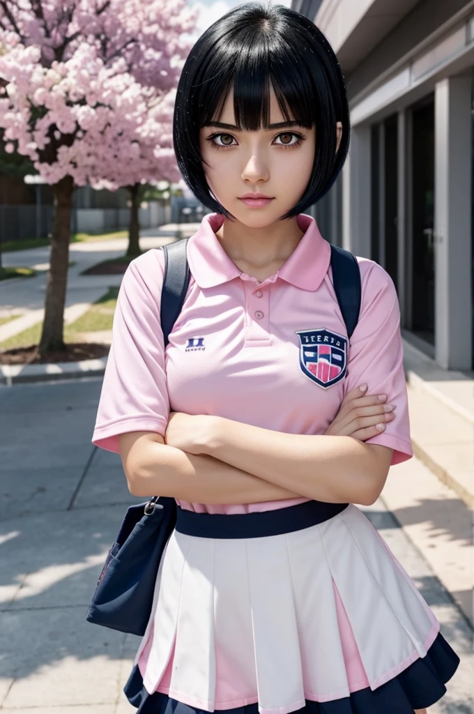 Screenshot of my hero academia anime girl with white skin, black eyes, short straight dark blue hair and bangs, black eyes, pink lips, pink cheeks, wearing the UA uniform