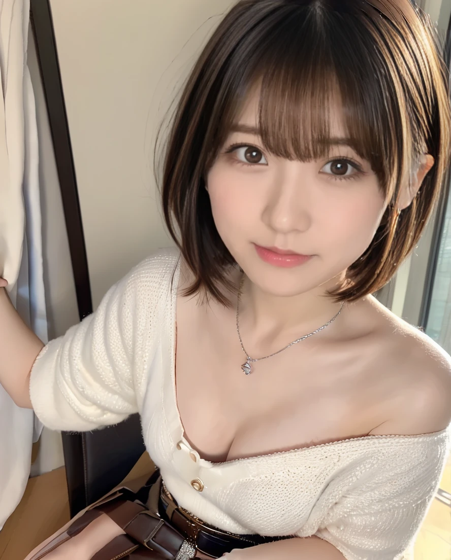 Tying up your hair、In the bedroom、Sit on the bed、歯をみせるsmileの女の子、Summer knitwear、Leather Belt、Cute gingham check skirt、Lens flare、Medium Short Hair、、Photo from the waist up、Cowgirl Shot、Silver necklace and small silver earringillionaire Style:1.4))、Full body photo、smile、 Caustics、Highly detailed photos、Very beautiful woman 、Ample breasts、No makeup、(8K、RAW Photos、Highest quality、masterpiece:1.2)、(Realistic、Realistic)、1 Girl、((Medium Short Hair、Fluttering Hair、Blur the background、Looking into the camera:1.4))、