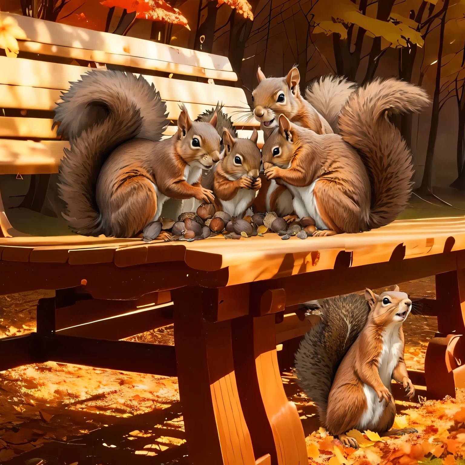 (8K, 16K, Awards, Highest quality, High resolution, Very detailed,Anatomically correct, Realistic, RAW Photos, Tabletop: 1.1),
(A flock of squirrels:1.5),Gathering acorns together,Four squirrels are on the bench,A squirrel is under the bench,
