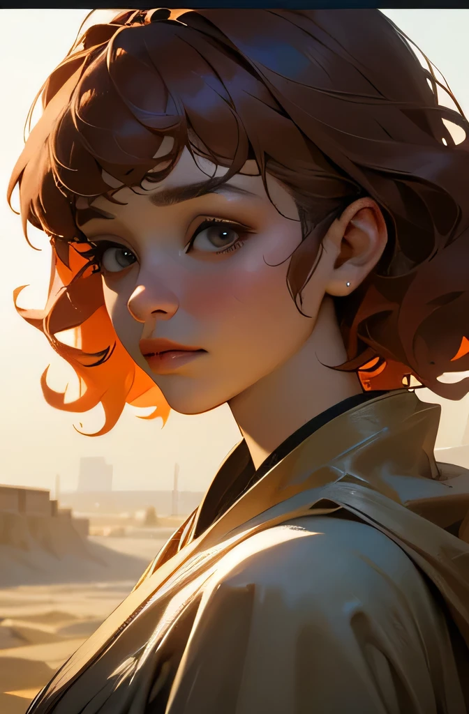 Highest quality、Ultra-realistic, 4K, Professional portrait, Science fiction、My name is Erna Ginger、19-year-old female, Tea-colored hair,Curly hair、High resolution, A rare beauty、Detailed face, tea-colored eyes、（（Droopy eyes））、(Jedi costumes),Walking alone in the wilderness、Dirty with sand and dust after a long journey、 masterpiece, Realistic Background, Realistic photos
