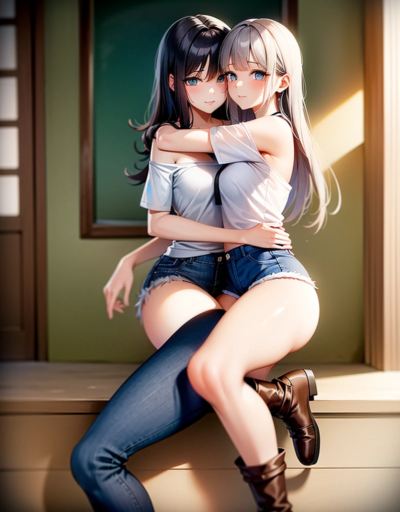sexy young girl, long haired redhead with blue eyes, Short white off-the-shoulder shirt, bright blue short jean shorts, mirada happy, happy, short brown boots, hugged with her gray-haired, blue-eyed little daughter