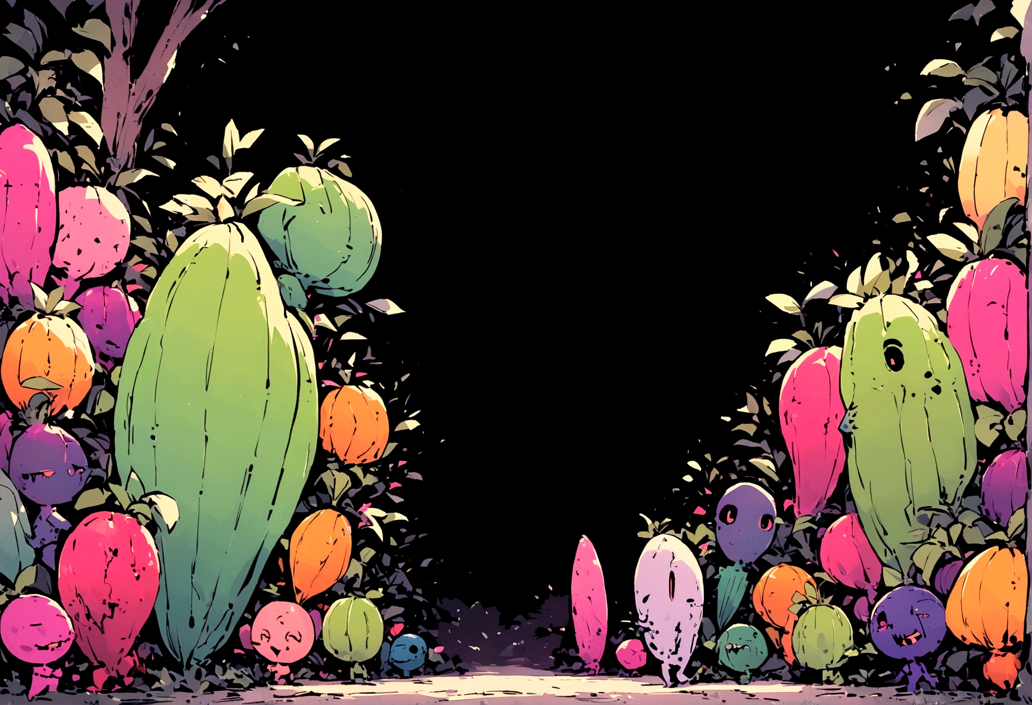 Cartoonish, (Humanoid vegetables) emerge from the garden to do battle with (shambling, half rotten human zombies), moonlit backyard