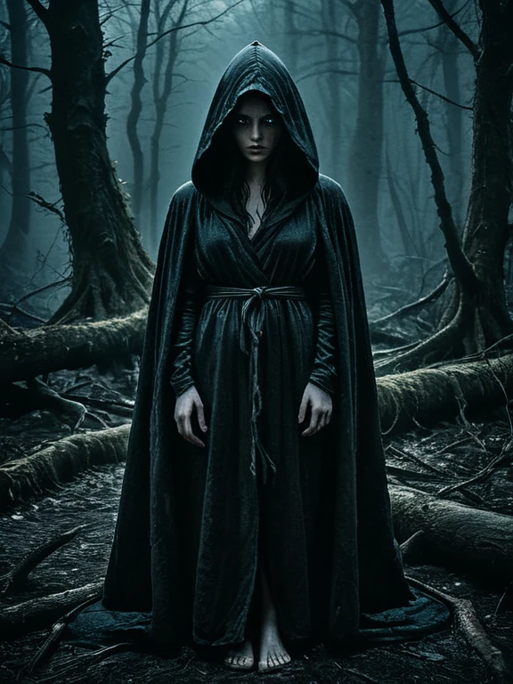 Horror-themed create an award-winning photograph of a young woman exploring an original and unconventional theme that captivates and amazes the viewer. hooded robe,evil woods,dark,Push boundaries of traditional concepts,infusing the image with creativity and wonder,leaving a lasting impression on those who behold it.,absurdres,intricately detailed,32K, glow effects, godrays, Hand drawn, render, 8k, octane render, cinema 4d, blender, dark, atmospheric 8k ultra detailed, cinematic, Sharp focus, big depth of field, Masterpiece, 3d octane render, 8k, concept art, trending on artstation, hyperrealistic, extremely detailed CG unity 8k wallpaper, trending on CGSociety, Intricate, High Detail, dramatic . Eerie, unsettling, dark, spooky, suspenseful, grim, highly detailed