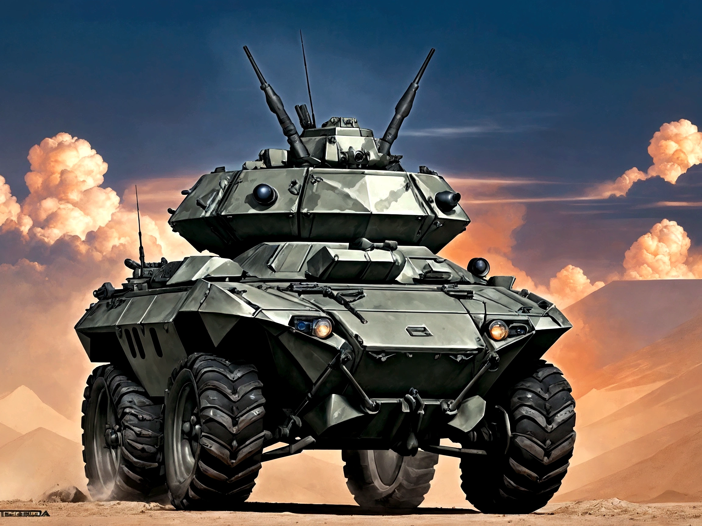 Make a btr-80 but with tank wheels and futuristic style (4k hd pretty detailed) (only one btr-80) (cannon pointed up) (car is snow camouflage) (8X8 wheels)