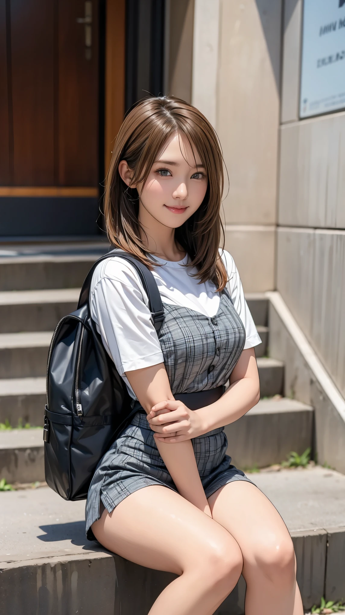 ((masterpiece)),(((Highest quality))),Thin thighs,Long legs,An 18-year-old high school girl standing on the school steps,White shirt,Blue and white plaid mini skirt:1.5,The best smile,Short bob with side waves:1.5,Carrying a black backpack,wear black loafers,Facing the front and spreading legs:1.5,