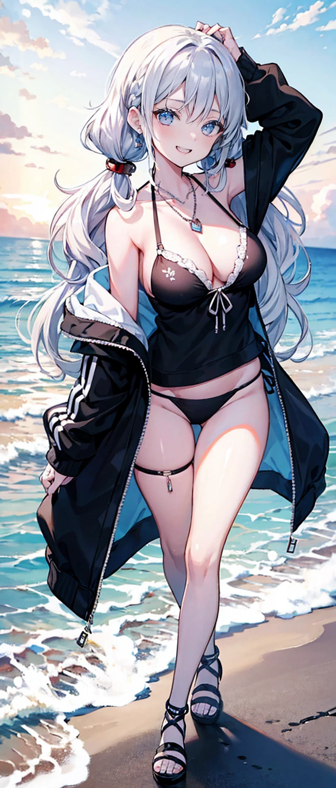 High resolution, high resolution,2D Anime Style,,Cool woman,Gal,tall,20th Generation,White hair long hair,Curly hair twin tails,Light blue eyes,Gal,Beautiful watch,Beautiful earrings,Lots of beautiful necklaces,Black Bikini,Opened hoodie,He is smiling,Has fangs,whole body,Walking on the beach,