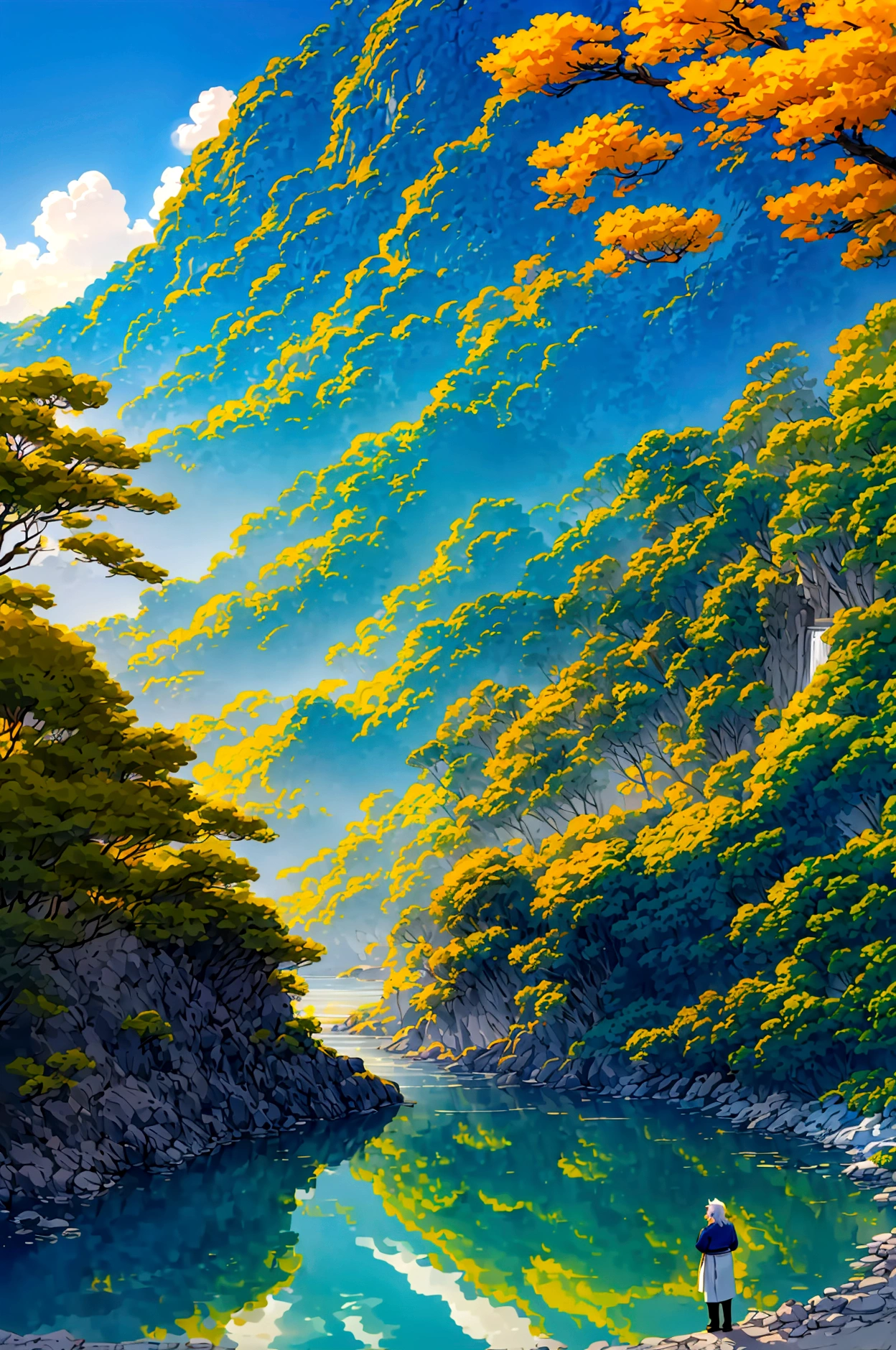 Create a high-quality anime-style image featuring an elderly man standing on a rocky cliff by the sea. The man has white hair, a beard, and is wearing round glasses. He is dressed in a white shirt, beige pants rolled up at the ankles, and white sneakers. His posture is relaxed, with his hands in his pockets, gazing thoughtfully into the distance.
The background consists of a clear blue sky filled with fluffy, white clouds. Below the cliff, there is a calm sea with boats and a small coastal village nestled at the foot of green, mountainous terrain. The scene captures a peaceful, reflective moment, with vibrant colors and detailed shading to emphasize the tranquil and contemplative atmosphere.