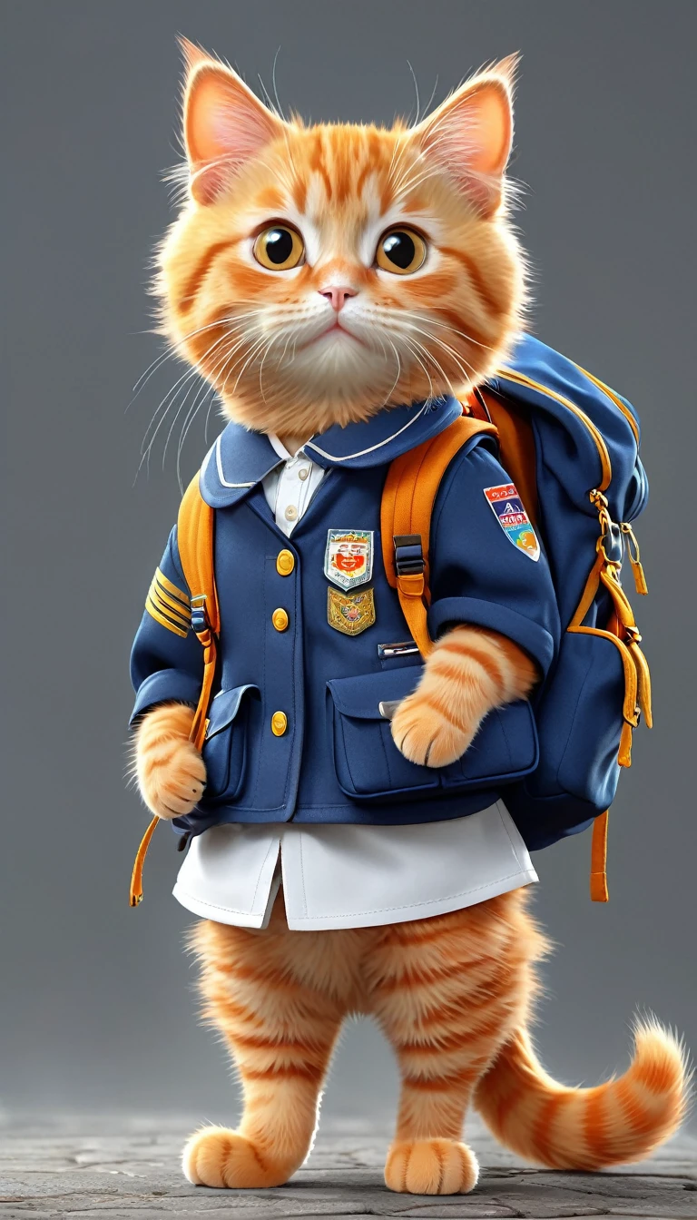 There is a little orange cat wearing a uniform and carrying a backpack., Casual clothing, Adorable digital painting, Toy Commercial Photography, Fully clothed, photorealistic style, Ultra-realistic painting, super math wizard cat, Intelligent cat, In surreal style, Photo Rendering, , very very realistic, Profile picture, Cute cat anime visual, World Boss Kitten