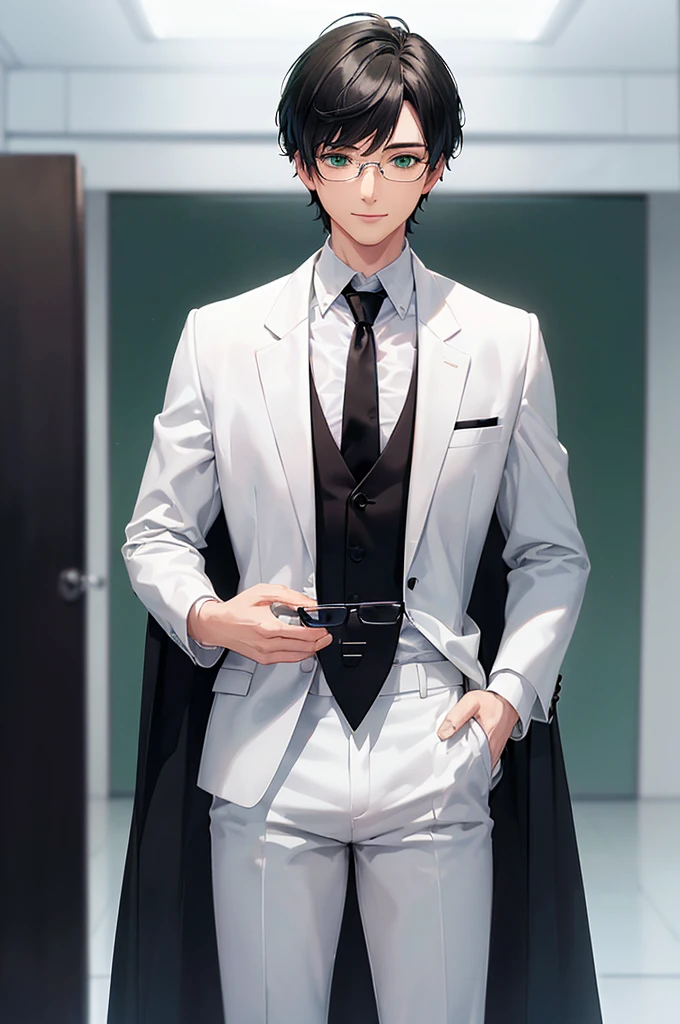 (masterpiece; best quality: 1.2), (finely detailed eyes: 1.3), ((25 year old man)), ((solo)), (green eyes: 1.4), (body; lean, lithe, masculine: 1.3), (very short black hair: 1.3), (beautiful and clear background: 1.2), ((depth of field)), (equipment: white open labcoat + black shirt + white necktie + white pants + black square glasses: 1.3), (anime illustration: 1.2), (background composition; japanese highschool classroom + furniture: 1.1), (extremely fine and handsome: 1.1), (shot composition; standing + centered on torso + close-up: 1.5), (expression; calm, smile: 1.2)