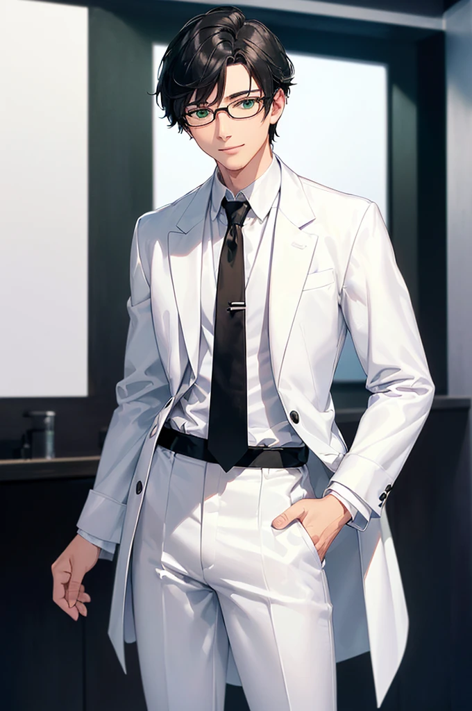 (masterpiece; best quality: 1.2), (finely detailed eyes: 1.3), ((25 year old man)), ((solo)), (green eyes: 1.4), (body; lean, lithe, masculine: 1.3), (very short black hair: 1.3), (beautiful and clear background: 1.2), ((depth of field)), (equipment: white open labcoat + black shirt + white necktie + white pants + black square glasses: 1.3), (anime illustration: 1.2), (background composition; japanese highschool classroom + furniture: 1.1), (extremely fine and handsome: 1.1), (shot composition; standing + centered on torso + close-up: 1.5), (expression; calm, smile: 1.2)