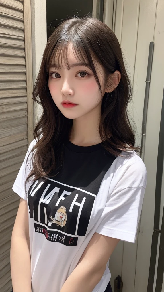 (One girl),large chest, chest, Sunburn, Fresh skin, Sweaty skin, Wavy blonde hair, Nylon T-shirt, Punk Girl, Black Hair, transparent
