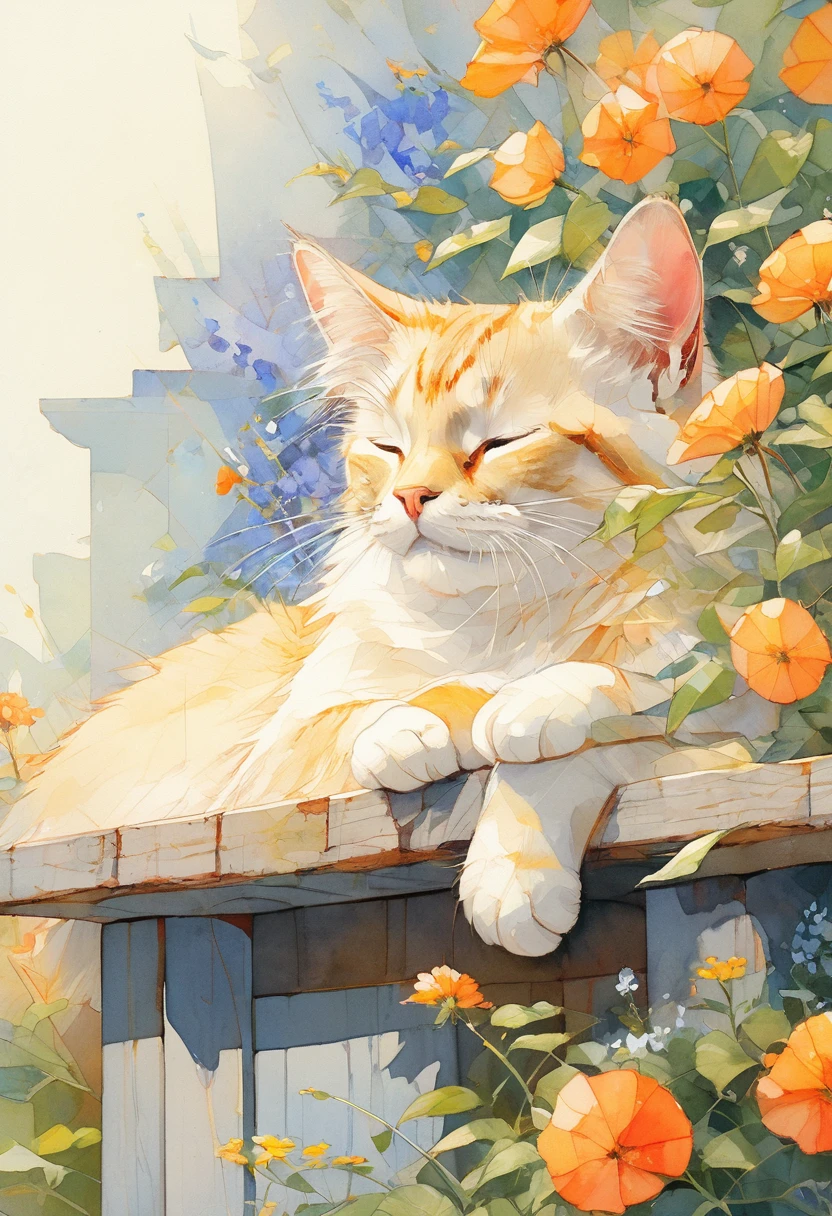 (Highest quality:0.8), (Highest quality:0.8), Perfect illustration,Cat close-up、Portrait、garden、Cat sleeping on a bench、sunny、flower、Calm、