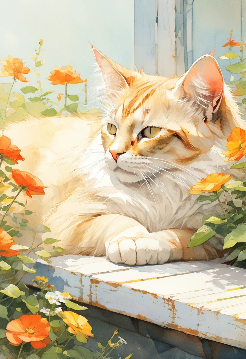 (Highest quality:0.8), (Highest quality:0.8), Perfect illustration,Cat close-up、Portrait、garden、Cat sleeping on a bench、sunny、flower、Calm、
