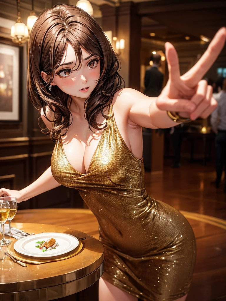 an adult woman, hip length brown hair, Brown eyes, in an expensive dinner setting, short gold dress with diamonds