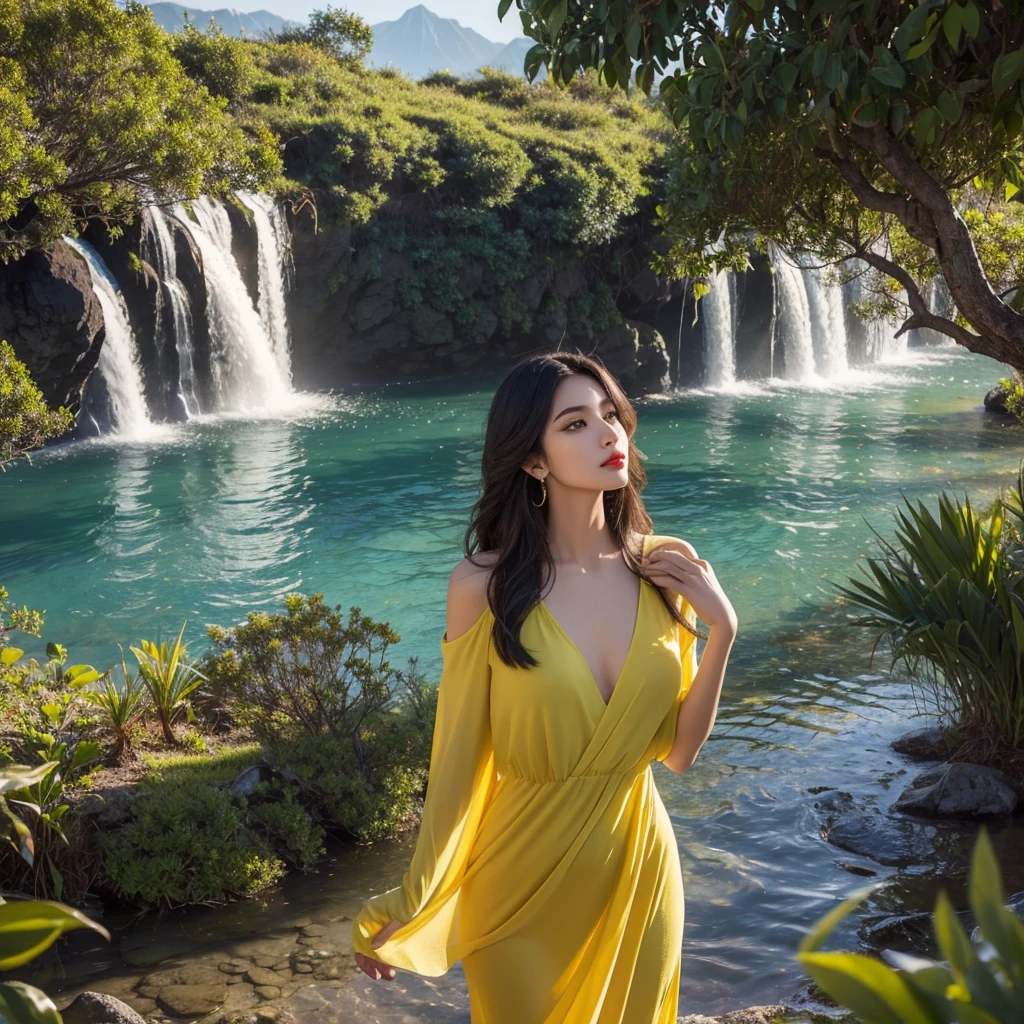 Imagine an adventure scenario between mountains and lakes, where a thirty-year-old Brazilian woman stands out, she is tall, elegant black hair cascading over her shoulders, capturing the last rays of the day's sun. Wearing a green shirt that complements her tropical beauty, she exudes natural elegance. She adds, red lips convey an aura of confidence and allure. As she looks at the horizon, the golden tones of the sunset reflect in her eyes, her hair, bringing a special shine to her serene expression. This woman embodies the essence of Brazilian beauty, combining grace and vigor. Her presence evokes a feeling of tranquility and admiration for nature. Your representation as a model should capture not only her stunning appearance, but also the calm and serenity she radiates, immersed in the enchanting atmosphere of the momentaniu surroundings.
