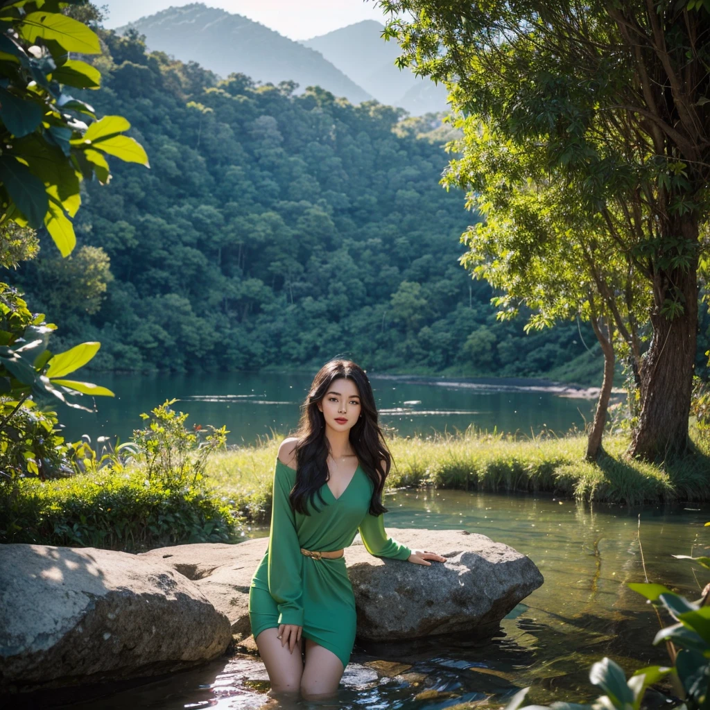 Imagine an adventure scenario between mountains and lakes, where a thirty-year-old Brazilian woman stands out, she is tall, elegant black hair cascading over her shoulders, capturing the last rays of the day's sun. Wearing a green shirt that complements her tropical beauty, she exudes natural elegance. She adds, red lips convey an aura of confidence and allure. As she looks at the horizon, the golden tones of the sunset reflect in her eyes, her hair, bringing a special shine to her serene expression. This woman embodies the essence of Brazilian beauty, combining grace and vigor. Her presence evokes a feeling of tranquility and admiration for nature. Your representation as a model should capture not only her stunning appearance, but also the calm and serenity she radiates, immersed in the enchanting atmosphere of the momentaniu surroundings.

