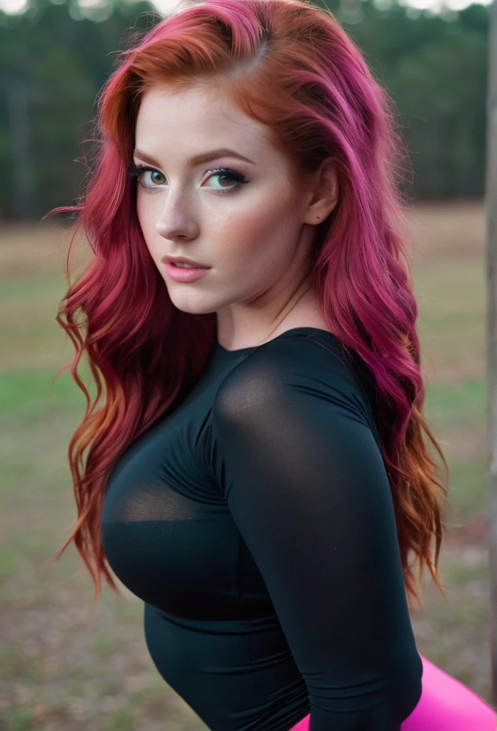cinematic, realisitic, close up, documentary film of a 22-year-old woman with vibrant red hair and twilight eyes,dressed in super tight leggings and transparent pink,Big butts,Breasts huge ,safada,Louisiana, Shot with a Canon EOS