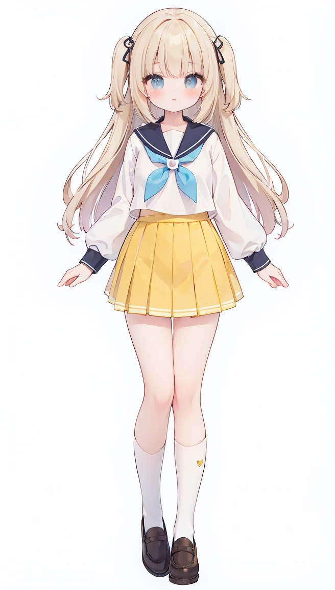 masterpiece, best quality, high resolution, white simple background, standing, slim waist, cute, sailor uniform, yellow skirt, knee high long socks, (Pastel Colors: 1.3), full body
