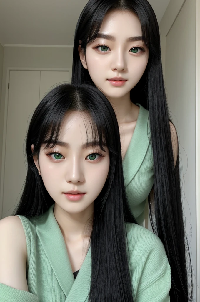 A beautiful Korean idol, beautiful green eyes, black hair, extremely pale skin.