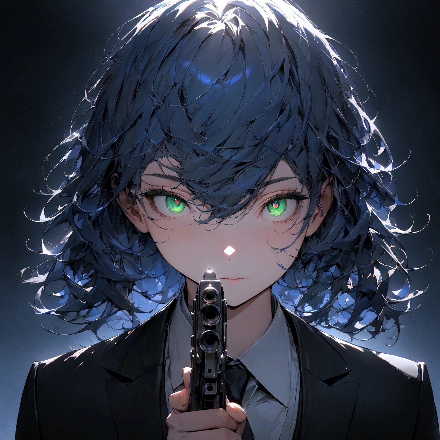 ((masterpiece:1.2, best quality)), (close-up:1.1), (from front, facing front:1.2), ultra detailed, Ultra-precise depiction, Ultra-detailed depiction, dramatic lighting, 1man, solo, straight blue hair, soft hair, shiny green eyes, sharp almond eyes shape, flat expression, black suit, holding a pistol
