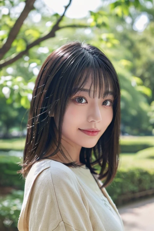 Japanese women、Black straight hair、Big Eyes、A soft smile。Natural and friendly atmosphere。Simple and clean fashion。In natural light、Relaxing scene in the park。
