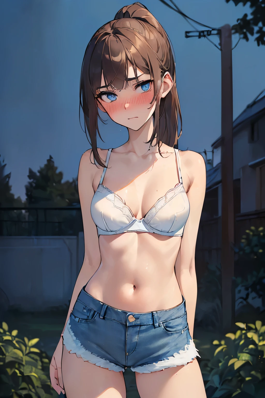 ((best quality)), ((masterpiece)), ((detailed)), (((perfect face))), (((slender 18yo age girl))), (((medium breasts))))), ((((white bra)))), ((shy:1.3)), ((blushing:1.5)), ((bare stomach)), ((bare shoulders)), (((bare arms))), ((((cut off denim shorts)))), ((dark brown hair)), ((short ponytail)), (((blue eyes))), (((standing))), ((((suburban backyard, night time)))), ((((detailed background)))), (((slender thighs))), (((arms behind back)))