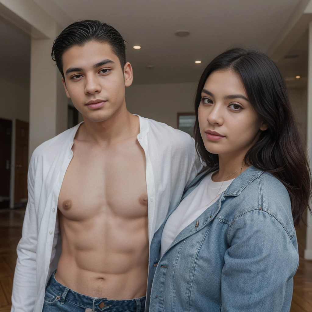 A 20-year-old Latino boy with beardless black hair wearing a denim jacket and a plus-size white woman wearing a red shirt in a large room