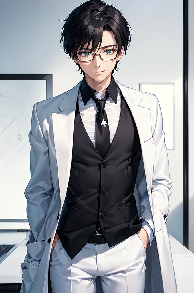 (masterpiece; best quality: 1.2), (finely detailed eyes: 1.3), ((25 year old man)), ((solo)), (green eyes: 1.4), (body; lean, lithe, masculine: 1.3), (very short black hair: 1.3), (beautiful and clear background: 1.2), ((depth of field)), (equipment: white open labcoat + black shirt + white necktie + white pants + black square glasses: 1.3), (anime illustration: 1.2), (background composition; japanese highschool classroom + furniture: 1.1), (extremely fine and handsome: 1.1), (shot composition; standing + centered on torso + close-up: 1.5), (expression; calm, smile: 1.2)