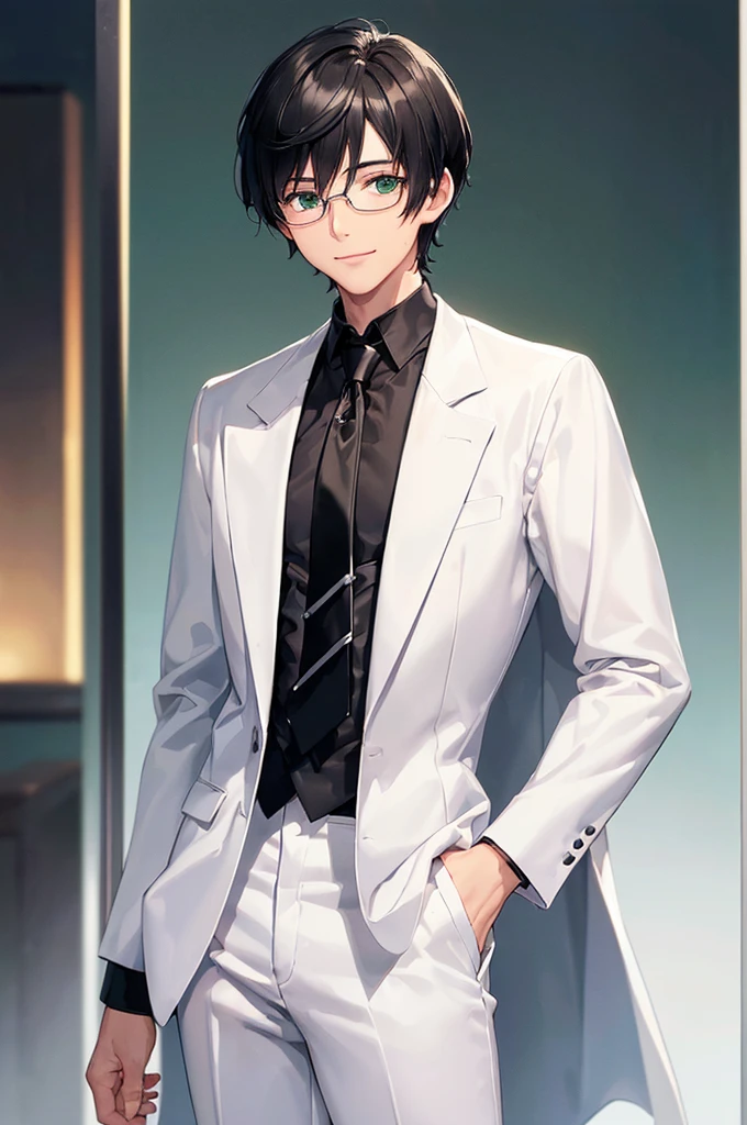 (masterpiece; best quality: 1.2), (finely detailed eyes: 1.3), ((25 year old man)), ((solo)), (green eyes: 1.4), (body; lean, lithe, masculine: 1.3), (very short black hair: 1.3), (beautiful and clear background: 1.2), ((depth of field)), (equipment: white open labcoat + black shirt + white necktie + white pants + black square glasses: 1.3), (anime illustration: 1.2), (background composition; japanese highschool classroom + furniture: 1.1), (extremely fine and handsome: 1.1), (shot composition; standing + centered on torso + close-up: 1.5), (expression; calm, smile: 1.2)