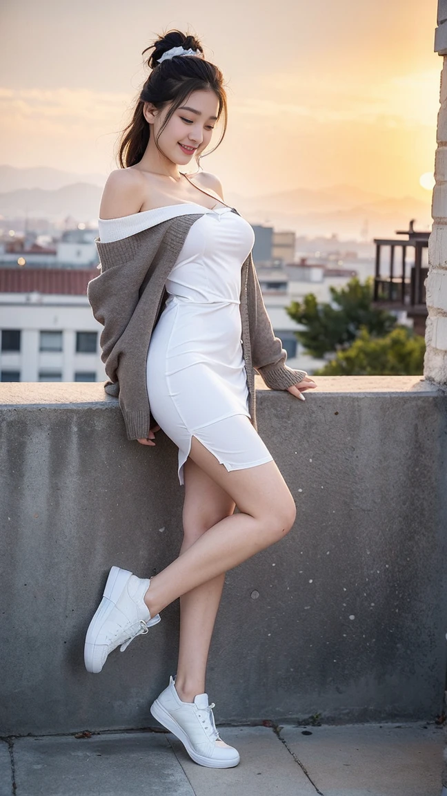 masterpiece, top quality, best quality,1girls,Korean, beautiful face, smile, long hair, 19 years old, Shift Dress, hills,(Casual Hairstyle, plum bossom:1.2), (( Wearing an off-the-shoulder cardigan dress:1.1)), full body view, sunset,White shoes (huge, saggy breast),(sexy pose),