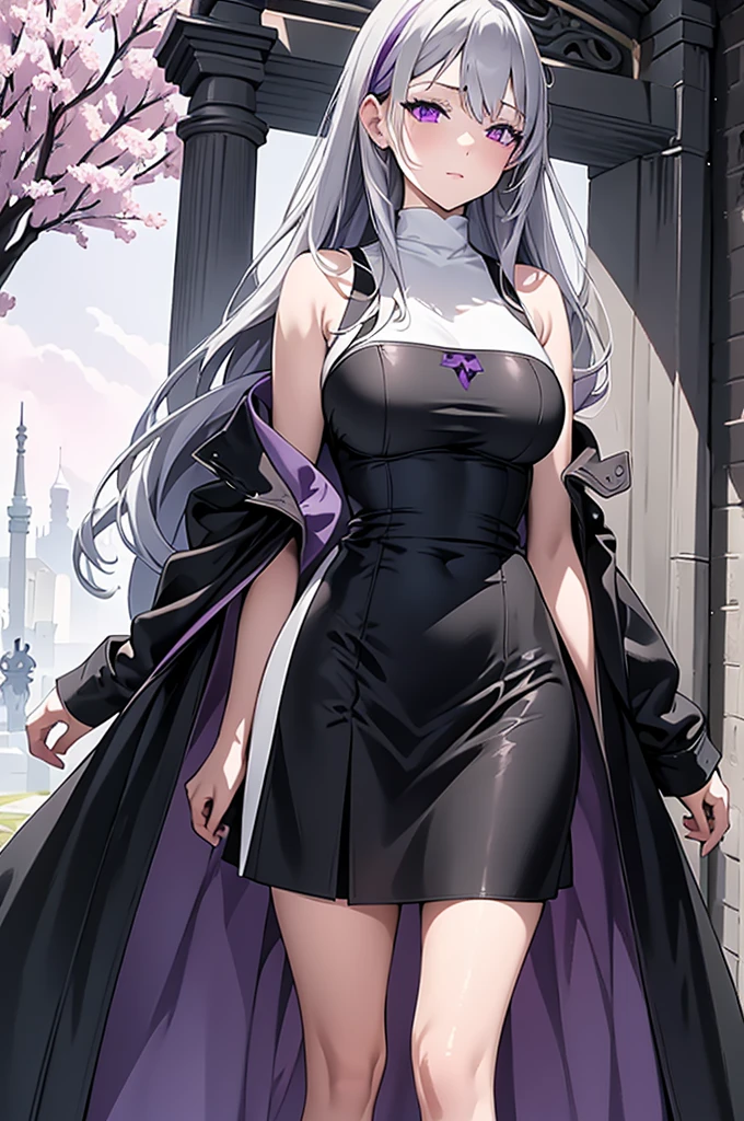 Masterpiece, full body portrait, no cropped, 4k, wallpaper, highlydetailed face, ultra-detailed face, solo (1woman), long hair, gray hair, straight cutted hair and bangs, straight hair and bangs, smooth straight hairstyle, hime hairstyle, tall young woman, beautiful, enchanting, bright different colors of eyes, right eye is red, left eye colored silver-purple,  detailed different colored eyes, ultra-detailed eyes, heterochromia ((red and purple; each color for eye from another side )) different colours on the left and right eyes,  eyes, elegant, plumpy rosy lips, ideal sized breasts, slender elegant arms, pretty hands, detailed hands, charming, slight blush, smug smile, black stylish shorts and top outfit, detached sleeves, light black armor, black armored coat, bare off shoulders, ideal pale belly, standing pose, full moon+light pastel pink blooming tree on the background and gray cloudy sky
