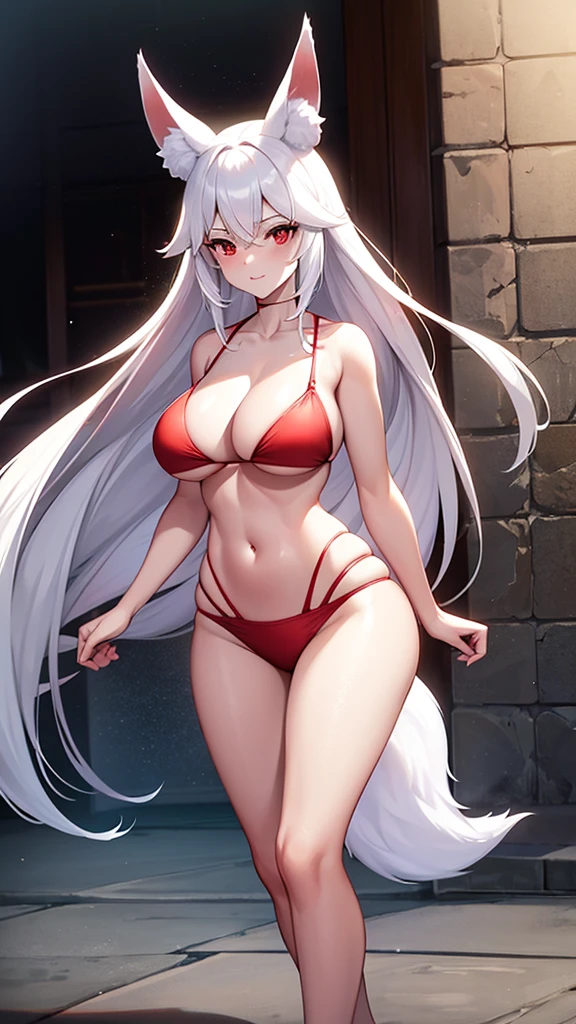 An adult woman half fox and wolf, wide breasts, red eyes, white hair, white fox ears backwards, very shy, and wears a red bikini, and standing, and very sexy