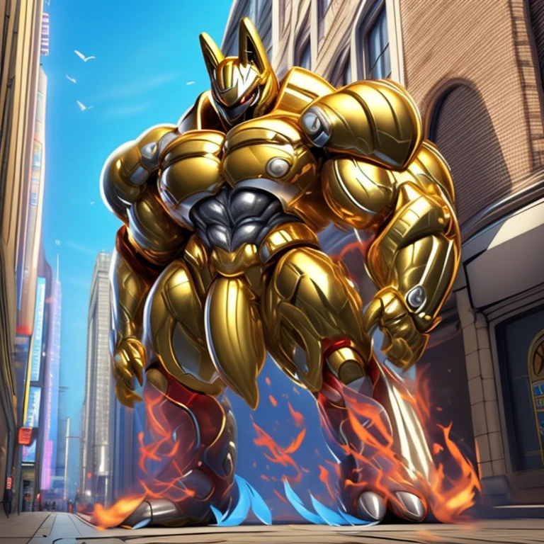 (Solo. masterpiece. official art. 8k. best quality. detailed full body. full body.)
(situation 1 : dominating Shiny_Mega_Lucario. Shiny_Mega_Lucario is over 1000 meters long. focus GIANT mechanical Muscular Shiny_Mega_Lucario is trampling the city. Looking down. macro. stomp. Low-angle perspective. emphasizing the immense size.)

(situation 2 :smoke and flames rising from the destruction in the city)

(Additional details 1: wearing a full-face helmet. golden armor. Armored Flazzard. Armored_Flazzard. high-tech bio-mecha armor. real texture material. whole body shines like metal. Wearing cyberpunk mecha. emphasizes the muscles. suit fully made of metal. intricate armor. Robotic suit. suit fully made of metal. cyborg. He is wearing a golden cloak.).  (medieval armor : 0.8)

(Additional details 2: (Detailed head. Detailed Body. Detailed abs. gigantic muscles. HYPER MUSCLES. Gigachad Muscular. big muscle. pecs. triceps. traps. unusually developed muscular body. body full of huge muscles. showing off muscles. pectorales enormes. Exaggeratedly huge muscles. huge muscles. long legs.).

(Additional details 3: Spread wings. It has wings. have big wings. The claws are sharp. Sharp teeth).

(Additional details 4: golden hyper penis. hyper golden penis. big penis)  (Hyper Muscles : 1.5)