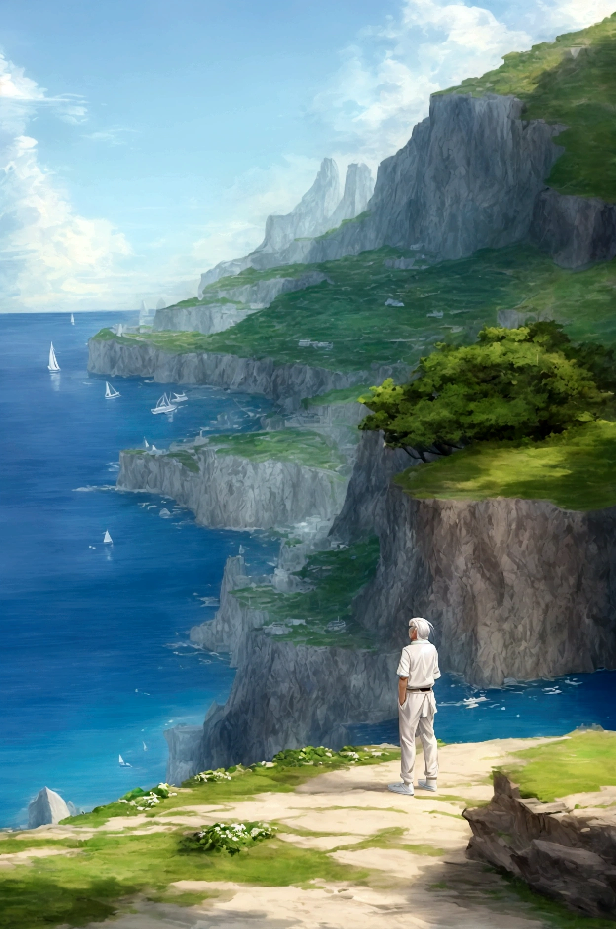 Create a high-quality anime-style image featuring an elderly man standing on a rocky cliff by the sea. The man has white hair, a beard, and is wearing round glasses. He is dressed in a white shirt, beige pants rolled up at the ankles, and white sneakers. His posture is relaxed, with his hands in his pockets, gazing thoughtfully into the distance.
The background consists of a clear blue sky filled with fluffy, white clouds. Below the cliff, there is a calm sea with boats and a small coastal village nestled at the foot of green, mountainous terrain. The scene captures a peaceful, reflective moment, with vibrant colors and detailed shading to emphasize the tranquil and contemplative atmosphere.