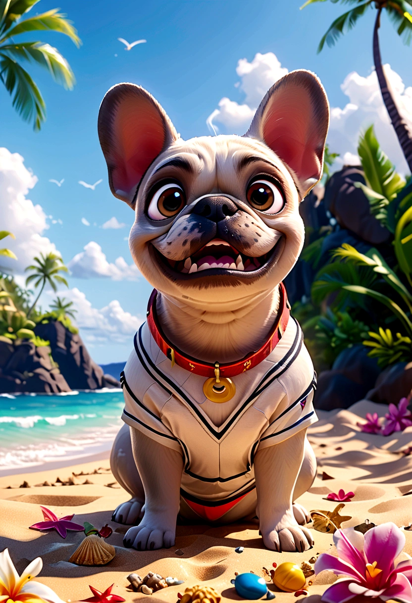 （Highest quality，4K，8K，High resolution，）Private beach in Hawaii at noon、Infinity symbol，3D Model，Colorful colors，Hawaii private beach background、pop，From the central viewer&#39;perspective、French Bulldog iid summer style sports uniform，Fashion Style，To the beach、face、Under the chin、Stomach、head、feet、ear、all、Light grey skinned French bulldog，Very delicate