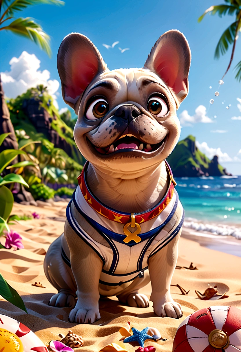 （Highest quality，4K，8K，High resolution，）Private beach in Hawaii at noon、Infinity symbol，3D Model，Colorful colors，Hawaii private beach background、pop，From the central viewer&#39;perspective、French Bulldog iid summer style sports uniform，Fashion Style，To the beach、face、Under the chin、Stomach、head、feet、ear、all、Light grey skinned French bulldog，Very delicate