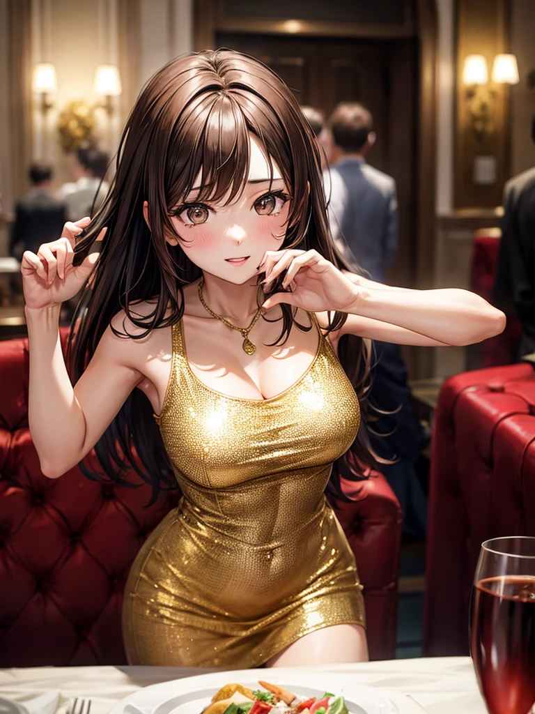 an adult woman, hip length brown hair, Brown eyes, in an expensive dinner setting, short gold dress with diamonds