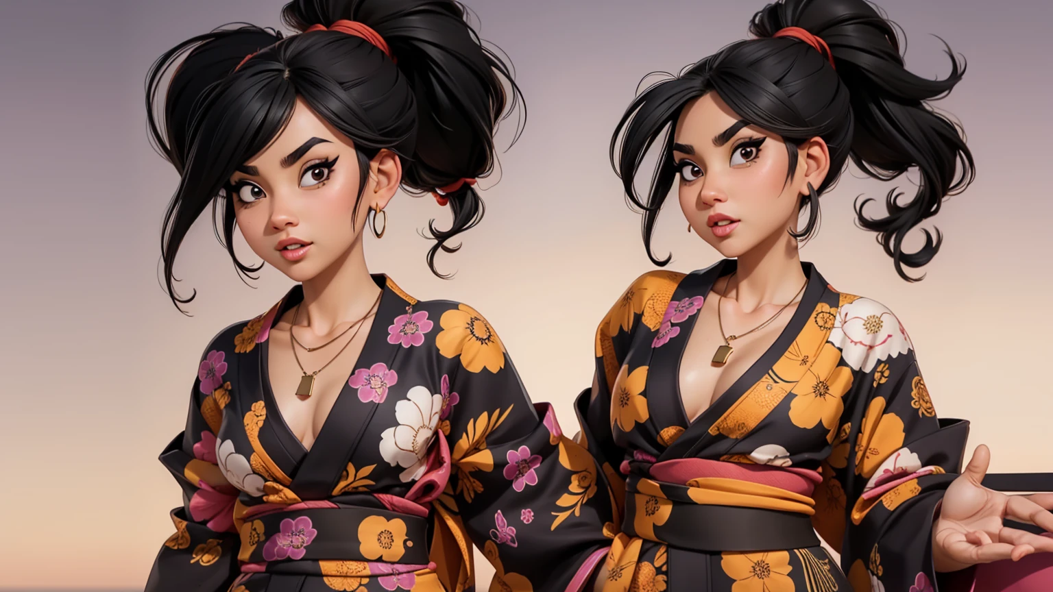 One girl,Black Hair,ponytail,crazy,necklace,tattoo,gloves,Brown eyes,Colorful kimonos,