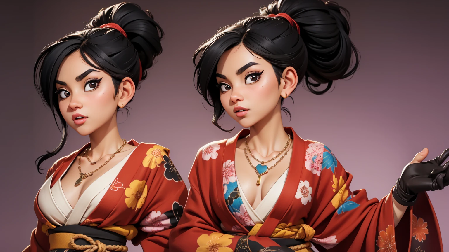One girl,Black Hair,ponytail,crazy,necklace,tattoo,gloves,Brown eyes,Colorful kimonos,