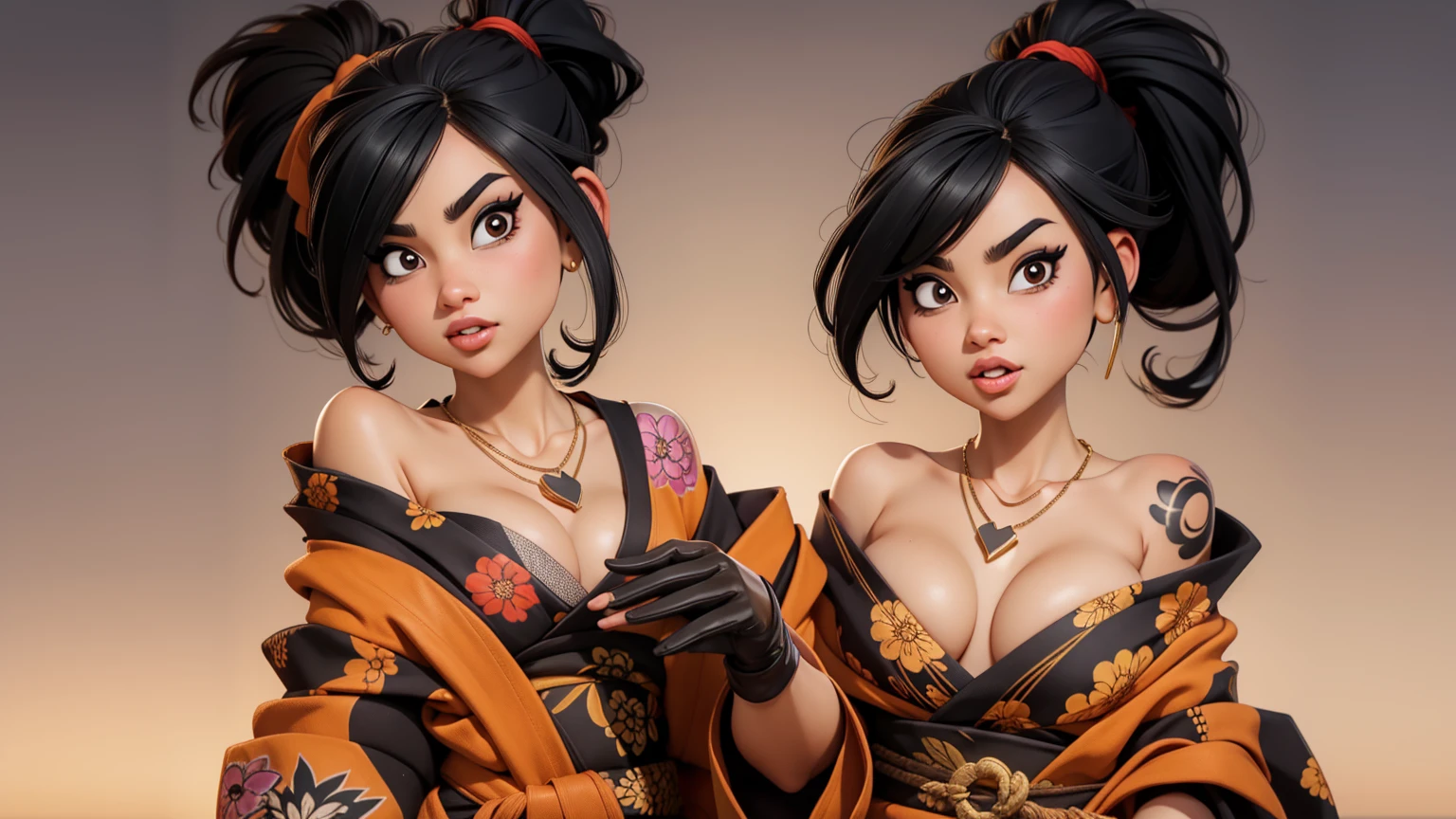 One girl,Black Hair,ponytail,crazy,necklace,tattoo,gloves,Brown eyes,Colorful kimonos,