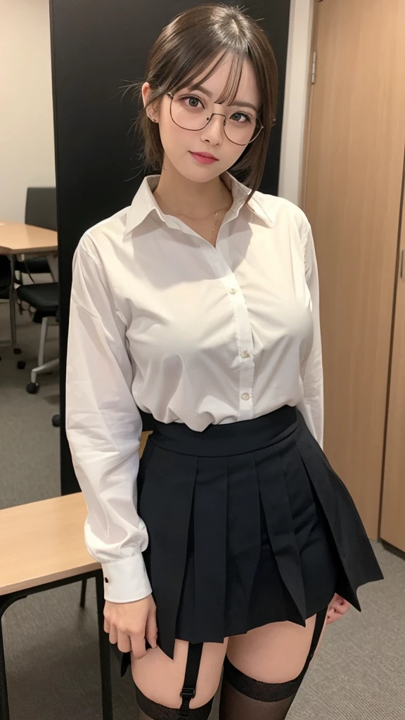 female secretary,(Pull up your skirt yourself:1.6),White blouse,Black sexy panties,garter belt,Garter Stockings,Camel Toe,Age 25,Rim Glasses,Hair-Up Styles,beautiful, Well-proportioned face,Big Breasts,Slim and toned waist,beautiful leg lines,Detailed face,Fine grain,A model with outstanding style,Sensual Gravure Idol,conference room