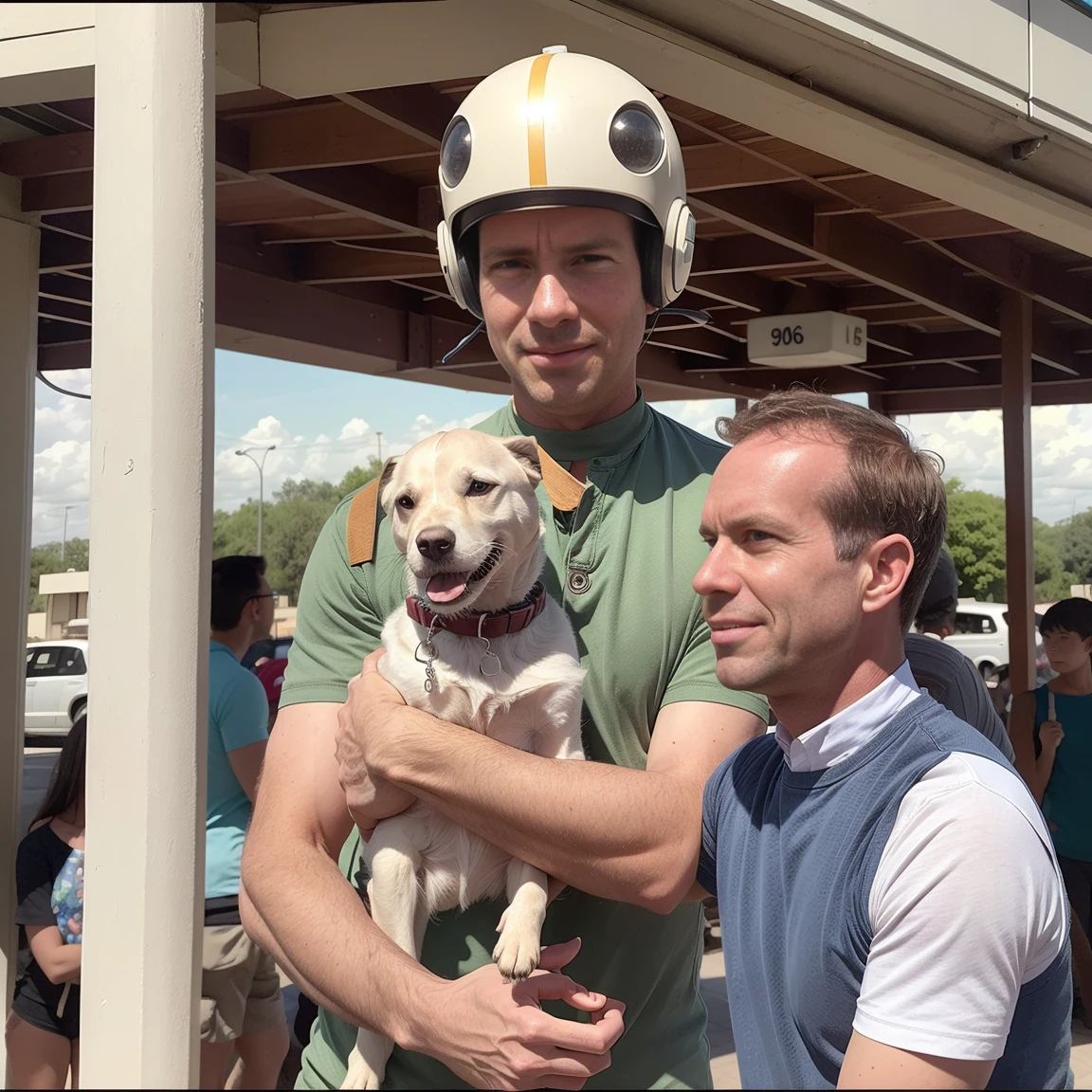 4K image from a 1960s science fiction film by Spike Jonze , Your films, pastel colors, solo man (Todder9) Young people in animal helmets hold a mechanical dog at the bus station, Retro-futuristic fashion clothing from the 60s with alien ornaments, natural light, psychedelic, strangely futuristic, Retro-Futurist, photorealestic, Sharp background details.